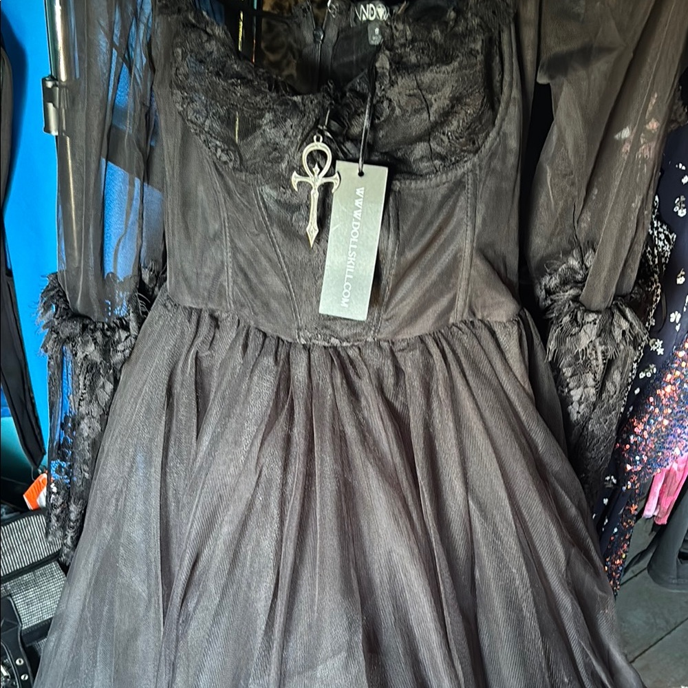 Black Dances With Death Dress with Sheer and lace Sleeves